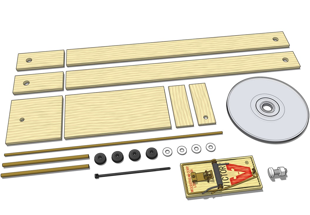 The Basic II mousetrap car kit: parts
