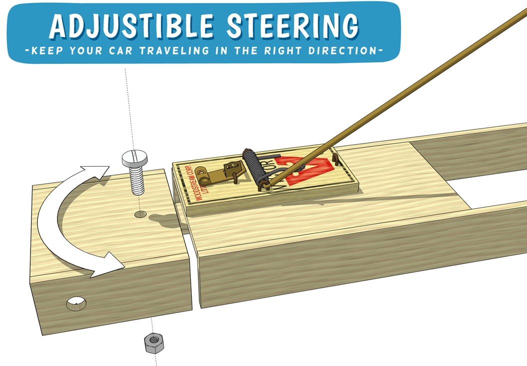 mousetrap car adjustable steering setup