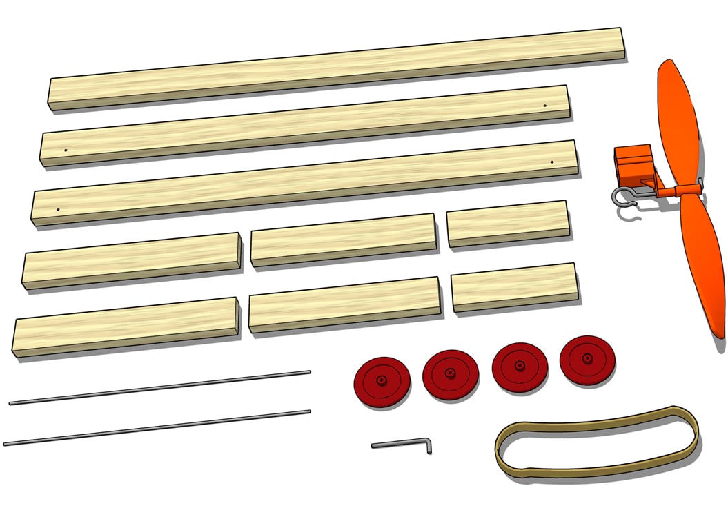 The Zephyr rubber band racer kit: parts