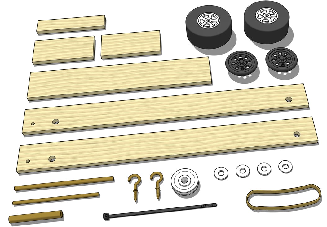 Sling Shot rubber band racer kit: parts