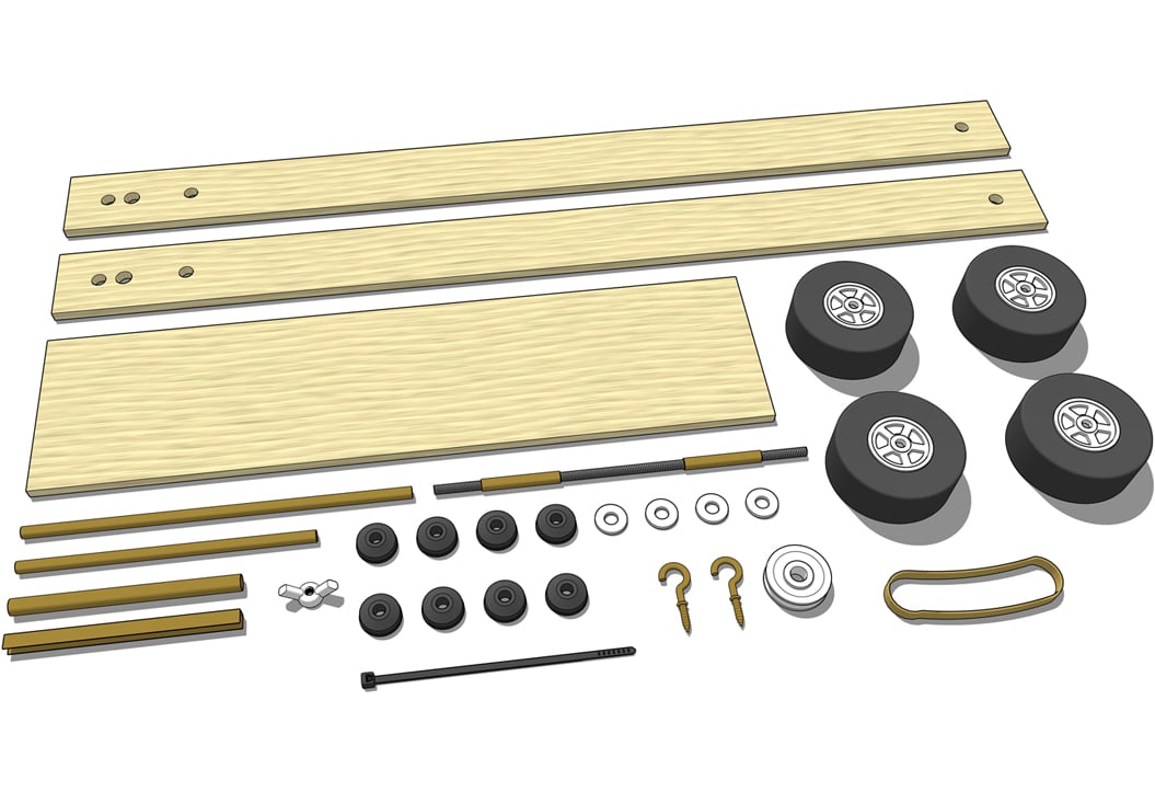 The Trail Blazer rubber band racer kit: parts